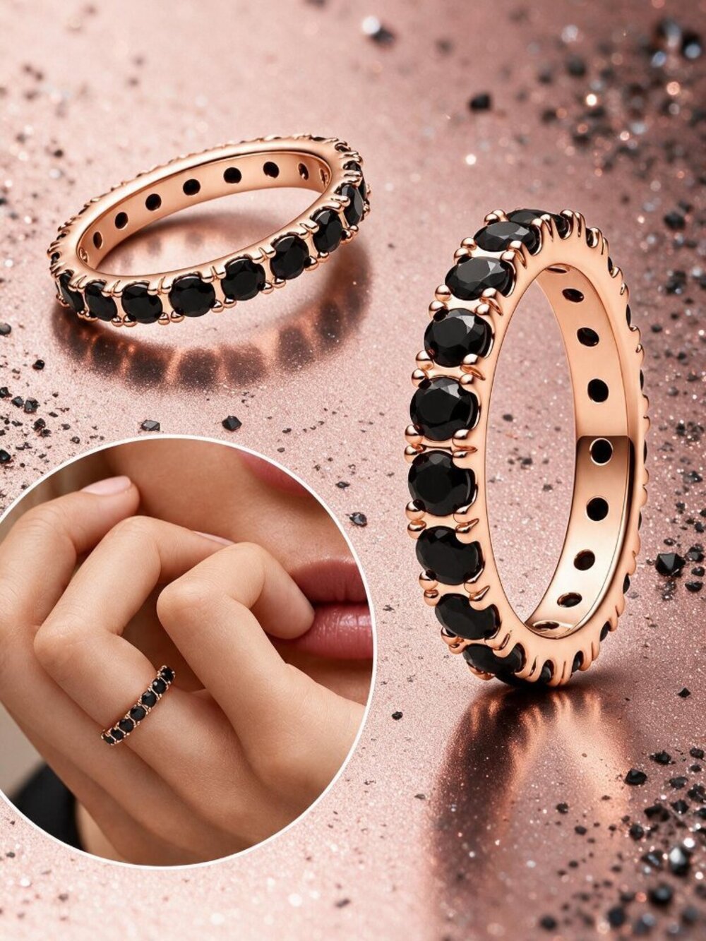 Rose Gold Black Stone Eternity Band Ring